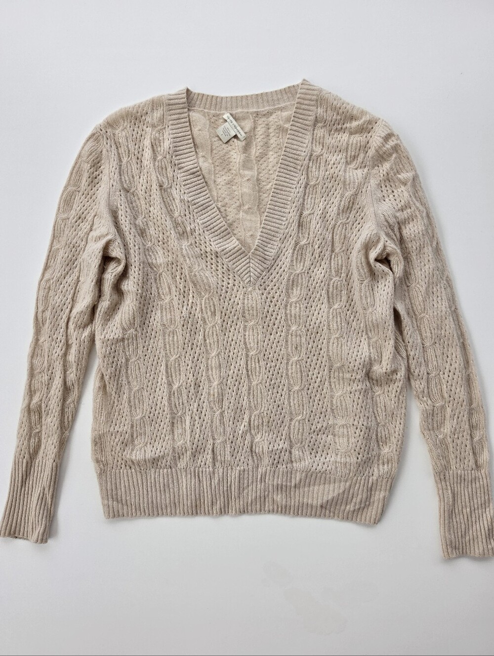 White + Warren Beige V-neck‎ Cable Knit Sweater